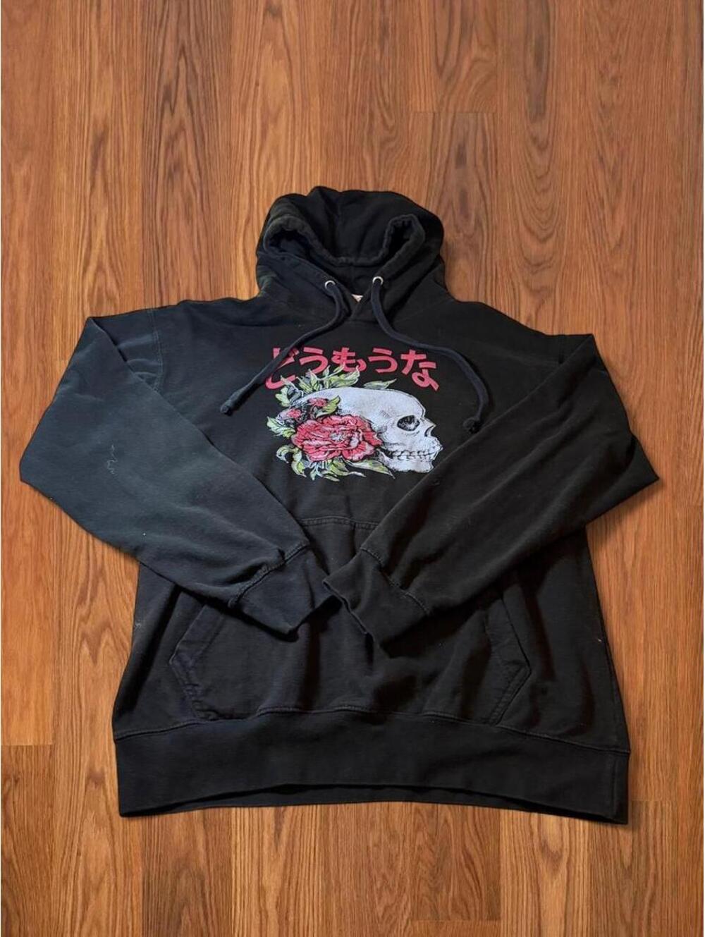 Call Your Mother Black Hoodie Mens L Skull Floral Japanese Text Streetwear
